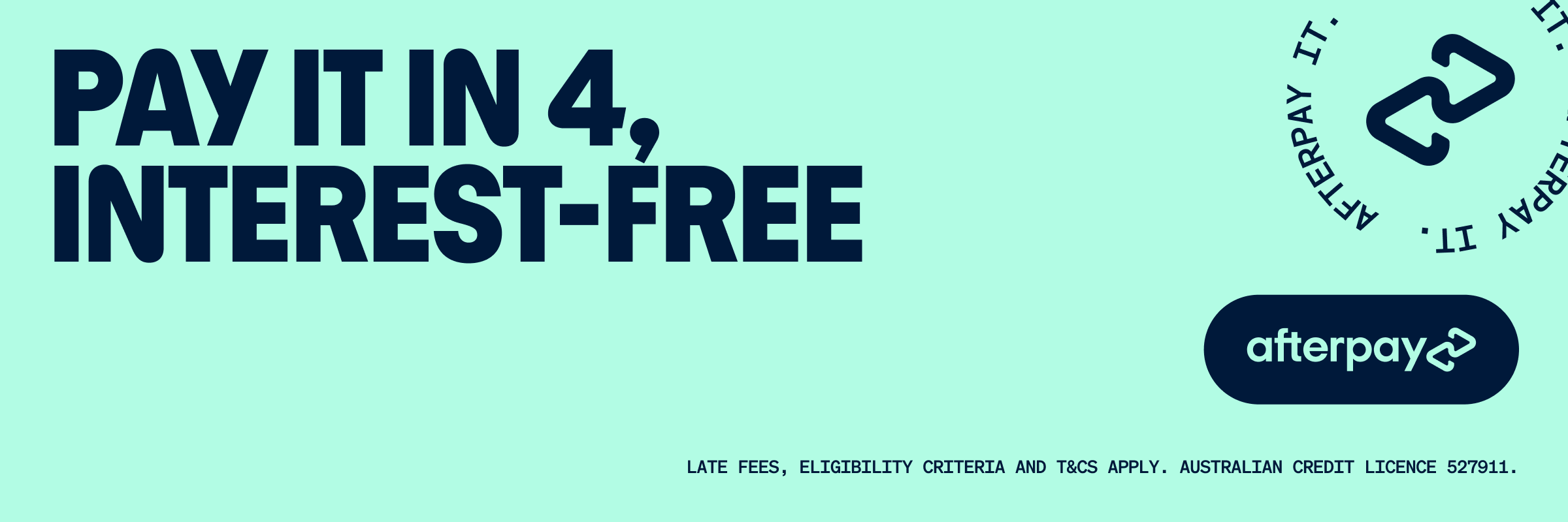 Afterpay promotional banner with text 'Pay It In 4, Interest-Free' on a light green background.