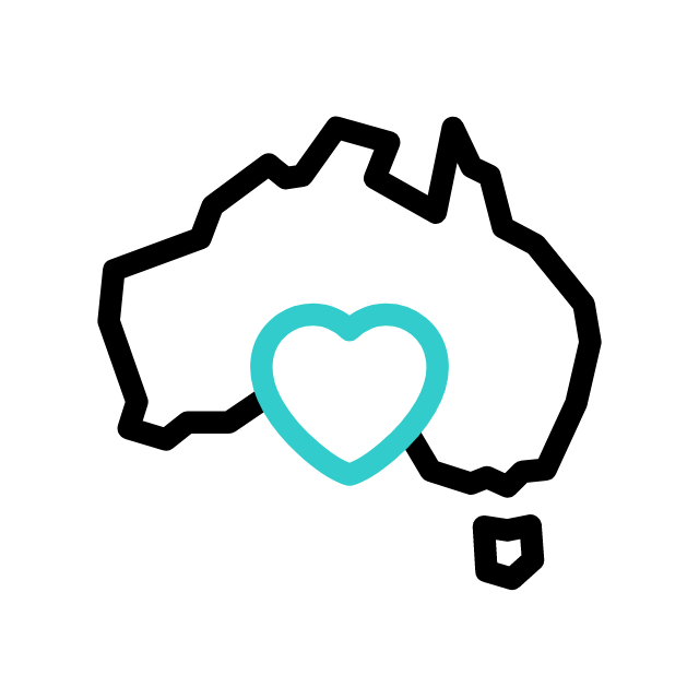 Outline of Australia with a turquoise heart in the center, symbolizing love and care for the country.