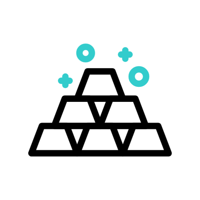 A simple illustration of five gold bars stacked in a pyramid shape with blue sparkle and circle icons above them, all on a white background.