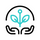 An icon of two black outlined hands cupping a blue plant with two leaves, all under a partial black arc, symbolizing growth, care, and protection.